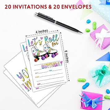 Roller Skate Birthday Invitations, Double-Sided Fill-In Invite Cards For Birthday Party,Boys, Girls, Kids, Teen, 20 Invitations With Envelopes, Decorations,Party Favor And Supply-B20 - Image 2