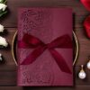 20 pcs Laser Cut Invitations Cards Pockets with Ribbons Floral Design for Wedding Party Bridal Shower Birthday Quinceañera Invite 5.12 by 7.24 inches (Burgundy) - Image 2