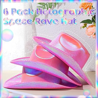 6 Pcs Holographic Pink Cowboy Hats Neon Sparkly Space Cowgirl Hats Glitter Cowboy Hats for Women Disco Party Costume - Image 2