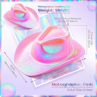 6 Pcs Holographic Pink Cowboy Hats Neon Sparkly Space Cowgirl Hats Glitter Cowboy Hats for Women Disco Party Costume - Image 3