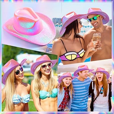 6 Pcs Holographic Pink Cowboy Hats Neon Sparkly Space Cowgirl Hats Glitter Cowboy Hats for Women Disco Party Costume - Image 4