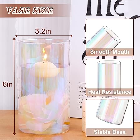 12pcs Glass Cylinder Vases for Centerpieces | 6 Inch Iridescent Flower Vase for Wedding Decorations, Clear Floating Candle Vases in Bulk, Hurricane Candle Holders for Party Table Home Decor - Image 2