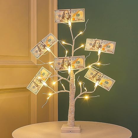 2FT Money Tree with Holder,24LED Lighted Birch Tree table centerpiece,Gift Card Tree Battery/USB Powered with 6 Clips and 6 Greeting Cards for Home, Party,Christmas,Wedding,Birthday,Graduation - Image 2