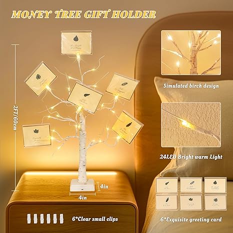 2FT Money Tree with Holder,24LED Lighted Birch Tree table centerpiece,Gift Card Tree Battery/USB Powered with 6 Clips and 6 Greeting Cards for Home, Party,Christmas,Wedding,Birthday,Graduation - Image 3