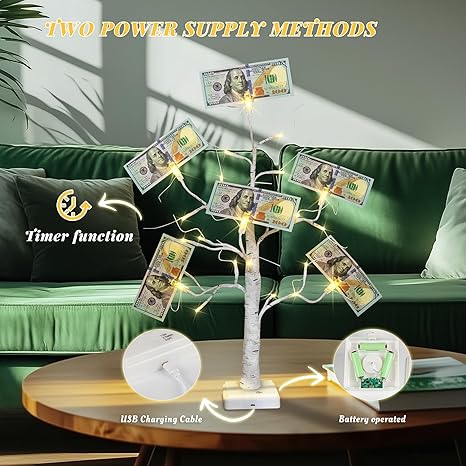 2FT Money Tree with Holder,24LED Lighted Birch Tree table centerpiece,Gift Card Tree Battery/USB Powered with 6 Clips and 6 Greeting Cards for Home, Party,Christmas,Wedding,Birthday,Graduation - Image 4