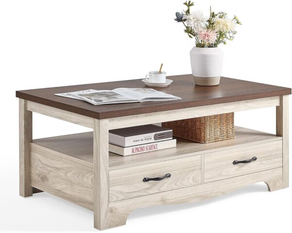HOME Farmhouse Coffee Table with Storage, Wood Coffee Table for Living Room