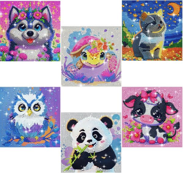 6 Pack Diamond Art Kits for Kids, Cartoon Animals DIY Diamond Painting Kits 6X6 inch