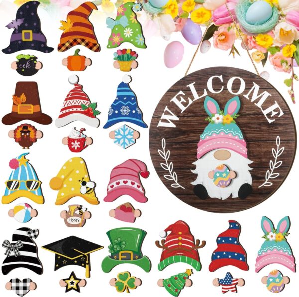Interchangeable Wooden Gnome Decor Holiday Seasonal Gnome Decorations with Magnet Pieces and Detachable Hats