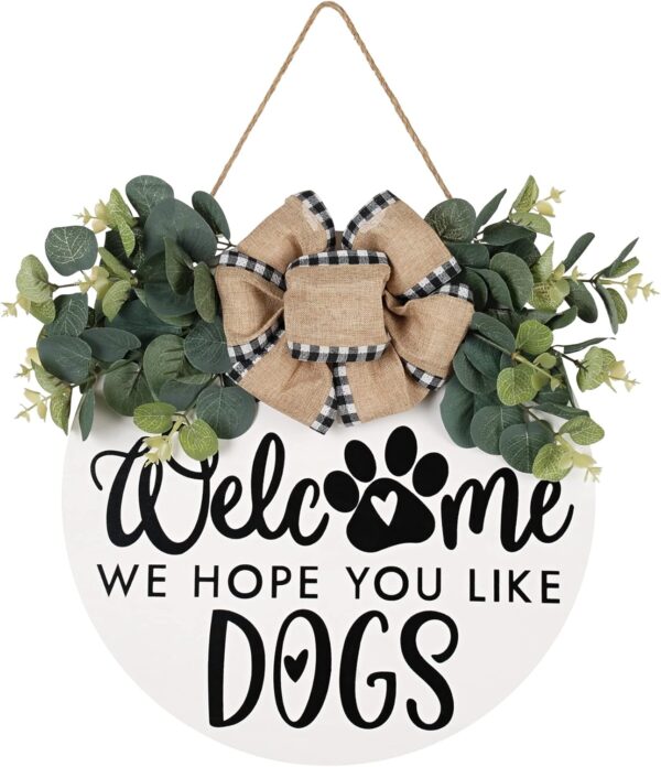 Welcome We Hope You Like Dogs Farmhouse Door Sign for Front Door Porch Decor Φ30cm Round Wooden with Eucalyptus Leaves Hanging