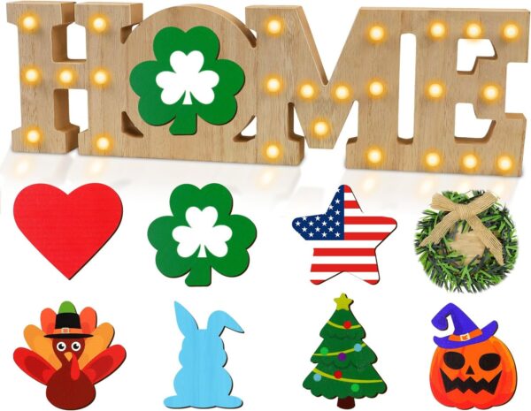 St Patricks Day Decorations Farmhouse Interchangeable Home Decor Signs, LED Long Marquee Light Up Letters Wooden ‘HOME’ Sign with 8Pcs Changeable Seasonal