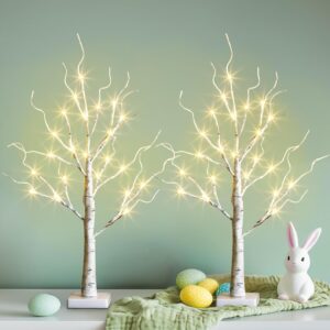 Easter Decorations, 2FT Birch Tree with LED Lights, Warm White Light up Tree Lamp