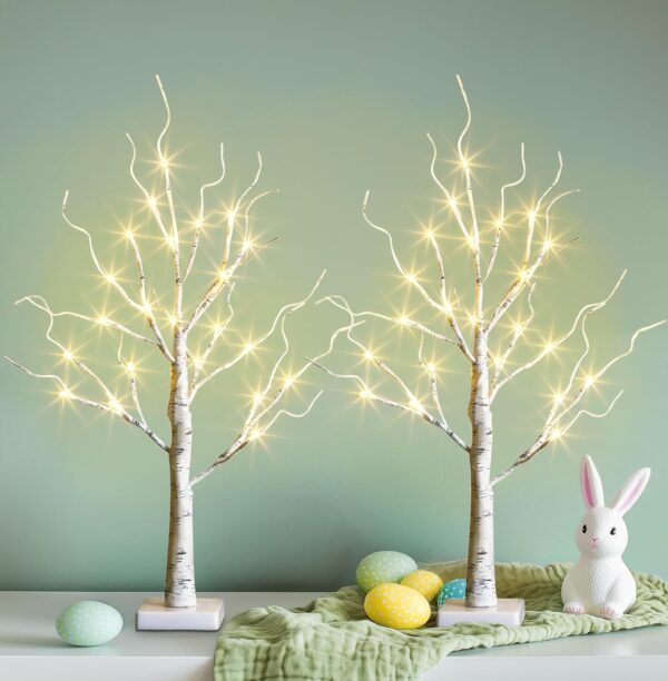 Easter Decorations, 2FT Birch Tree with LED Lights, Warm White Light up Tree Lamp