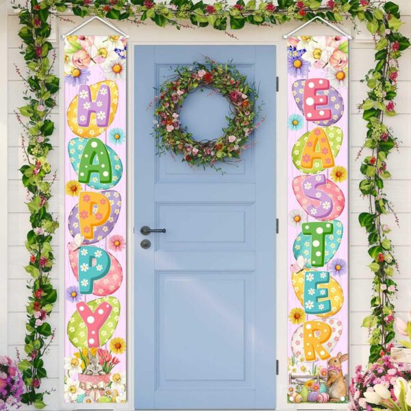 Happy Easter Porch Banner Bunny Egg Rabbit Daisy Party Front Door Sign