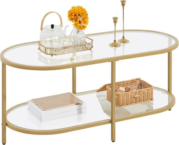 Gold Coffee Table, 42" Oval Glass Coffee Table for Living Room