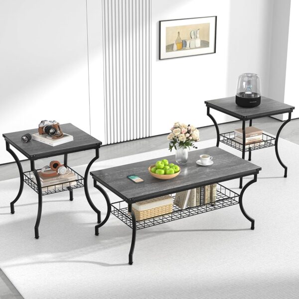 3 Pieces Living Room Sets Coffee and End Tables with Open Storage Shelves for Apartment, Home Office