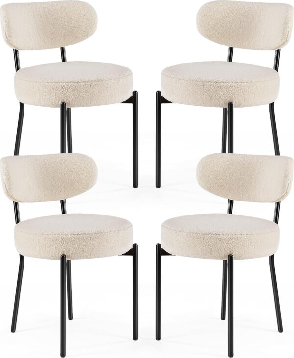 Dining Chairs Set of 4, Boucle Upholstered Modern Mid Century Round Kitchen Chairs with Curved Backrest & Metal
