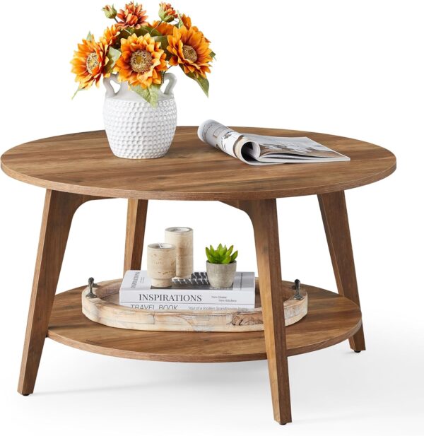 VASAGLE Round Coffee Table, 2 Tier Coffee Table with Storage, for Living Room