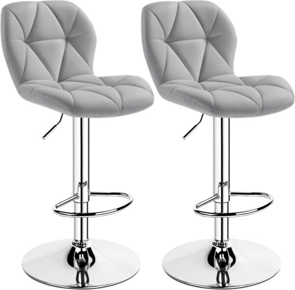 Grey Bar Stools Set of 2, PU Leather Bar Chairs with Backrest, Height Adjustable Swivel Island Stools for Bar