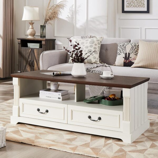 48'' Wood Coffee Table for Living Room, Farmhouse Coffee Table