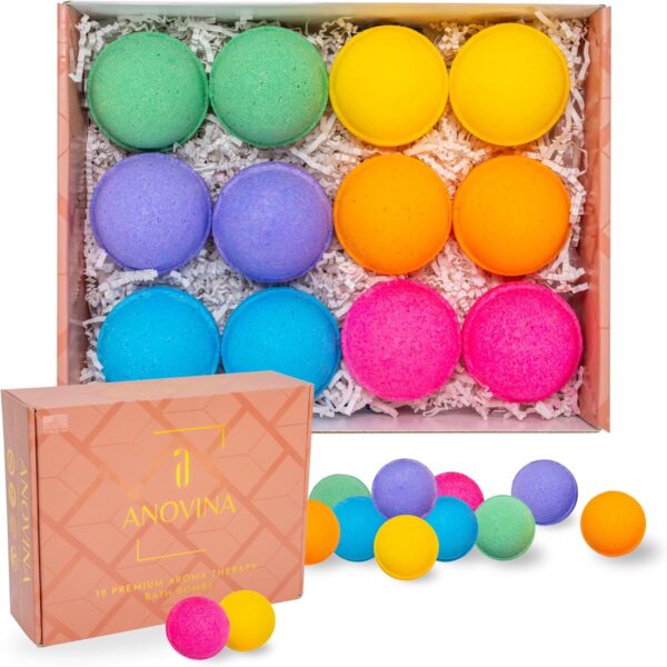 Anovina 12XL Bath Bombs Gift Set USA Made with Natural Essential Oils for Women & Kids – Aromatherapy Holiday Gifts Ideas. Valentine's Day Gift Idea. Bath Bombs Gifts for Women Men and Kids