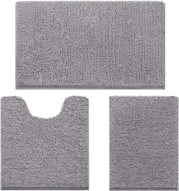 3 Pieces Bathroom Rugs, Ultra Soft Non Slip Absorbent Chenille Toilet Bath Mat Set (Grey)
