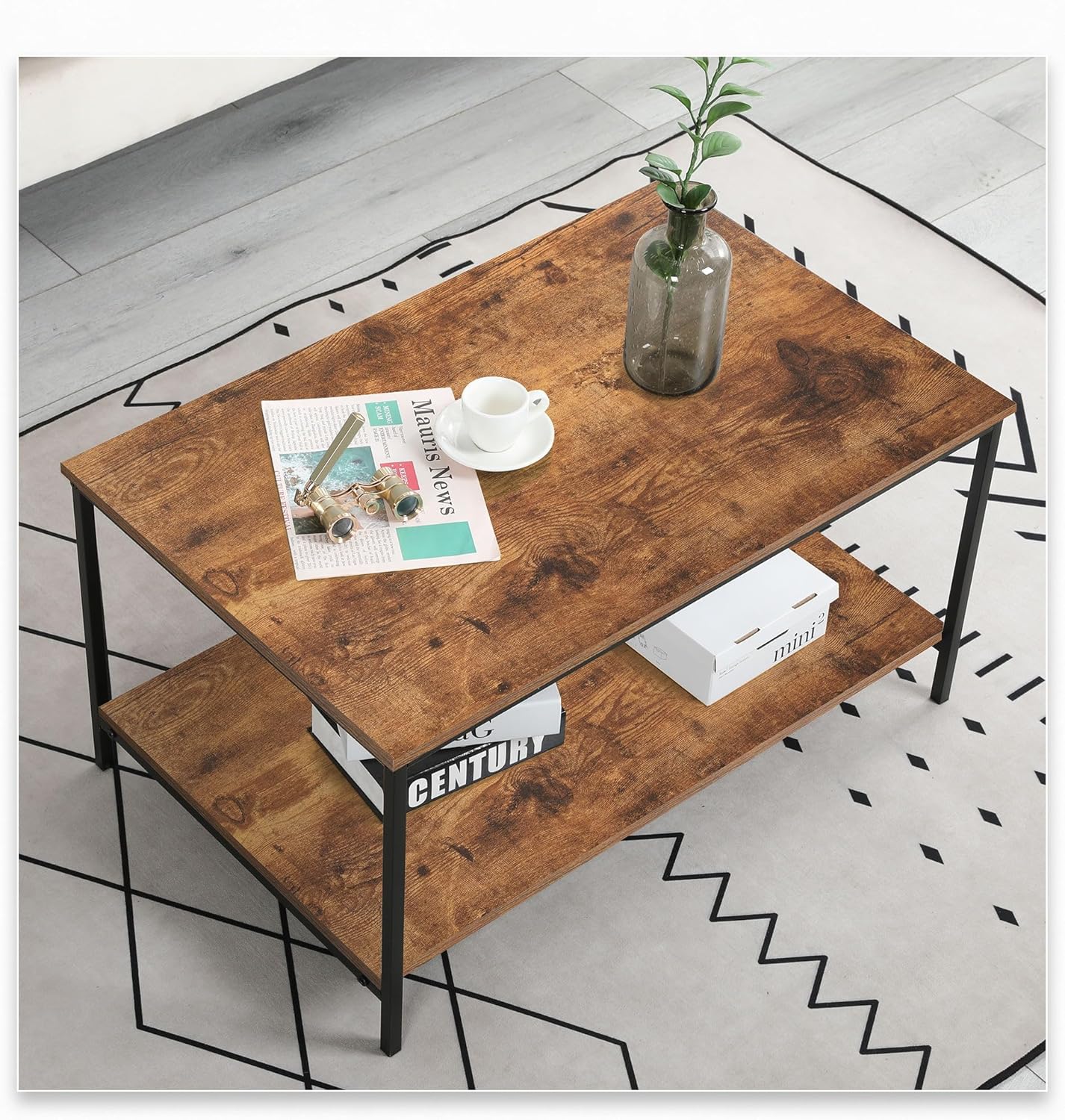 Small Brown Rectangle Wood and Metal Coffee Table with Storage Shelf - Image 4