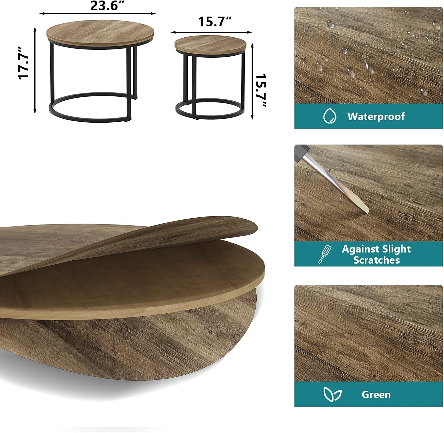 Nesting Coffee Table Set of 2, 23.6" Round Coffee Table Wood Grain Top with Adjustable Non-Slip Feet - Image 4