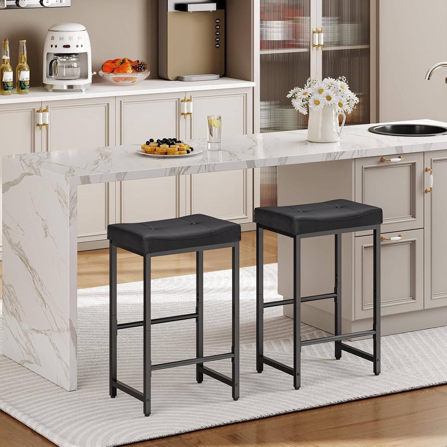 Bar Stools, Bar Stools Set of 2,Saddle Stools with PU Upholstery, Counter Height Stools with Footrest - Image 4