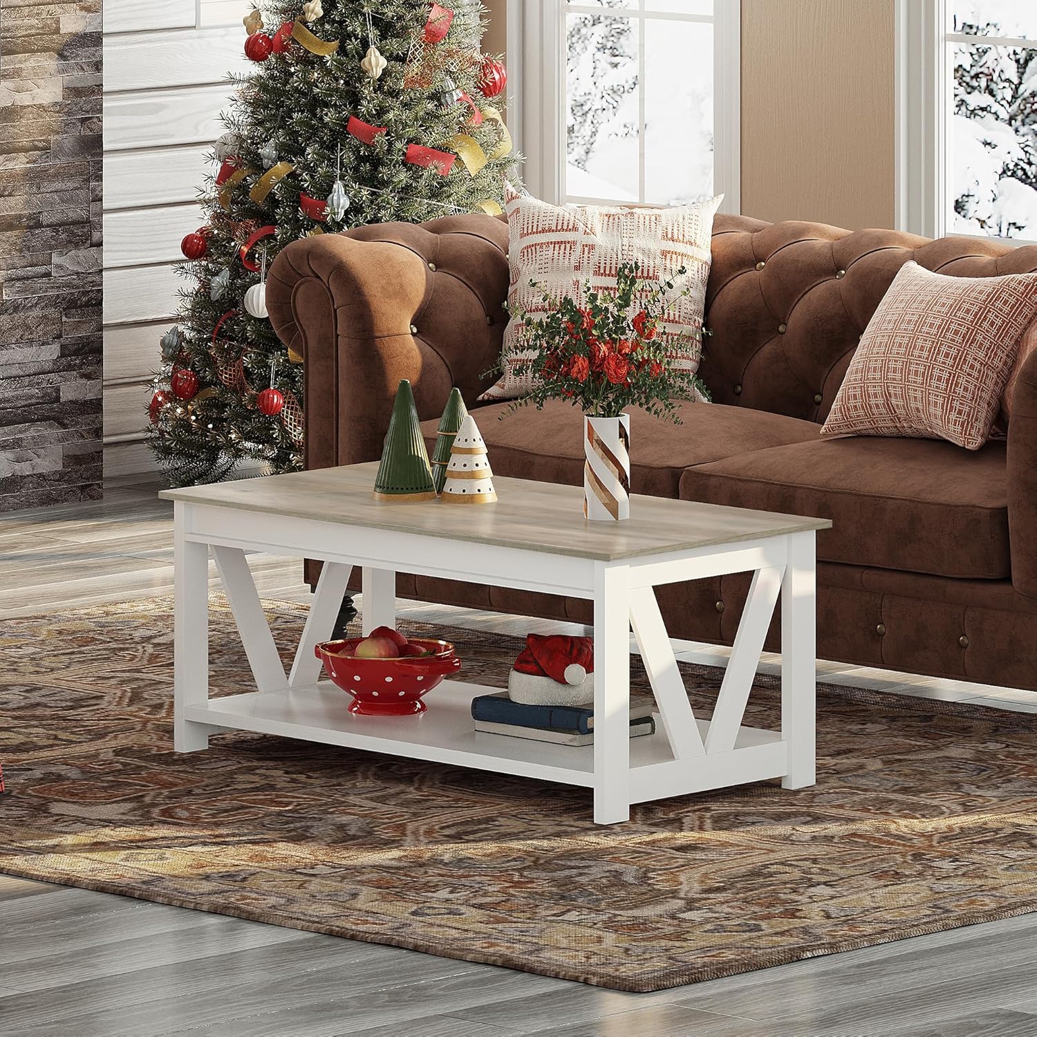 Coffee Table, 43" Farmhouse Coffee Table with Storage Shelf & Sturdy V-Shaped Support - Image 4