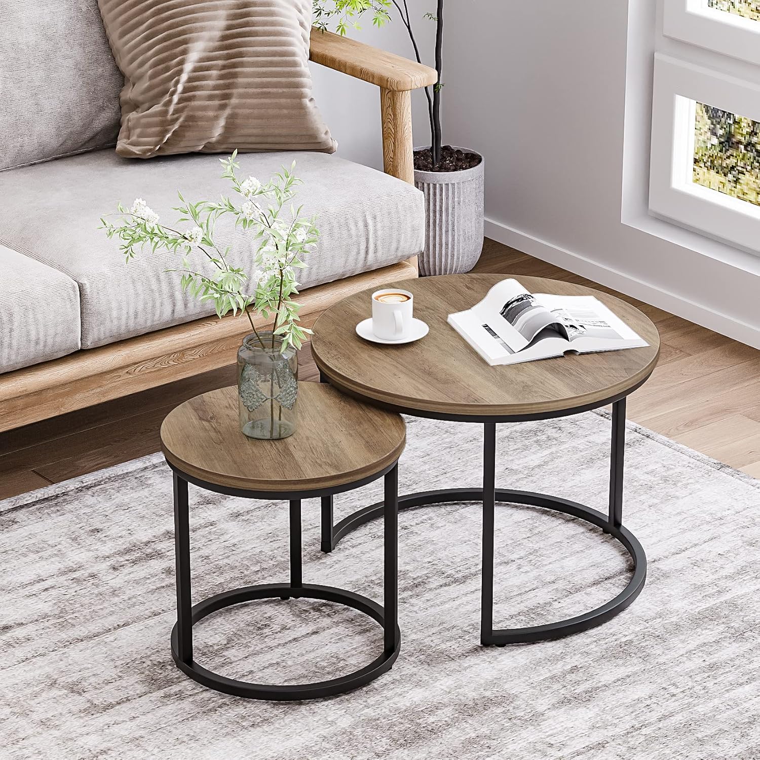 Nesting Coffee Table Set of 2, 23.6" Round Coffee Table Wood Grain Top with Adjustable Non-Slip Feet - Image 3