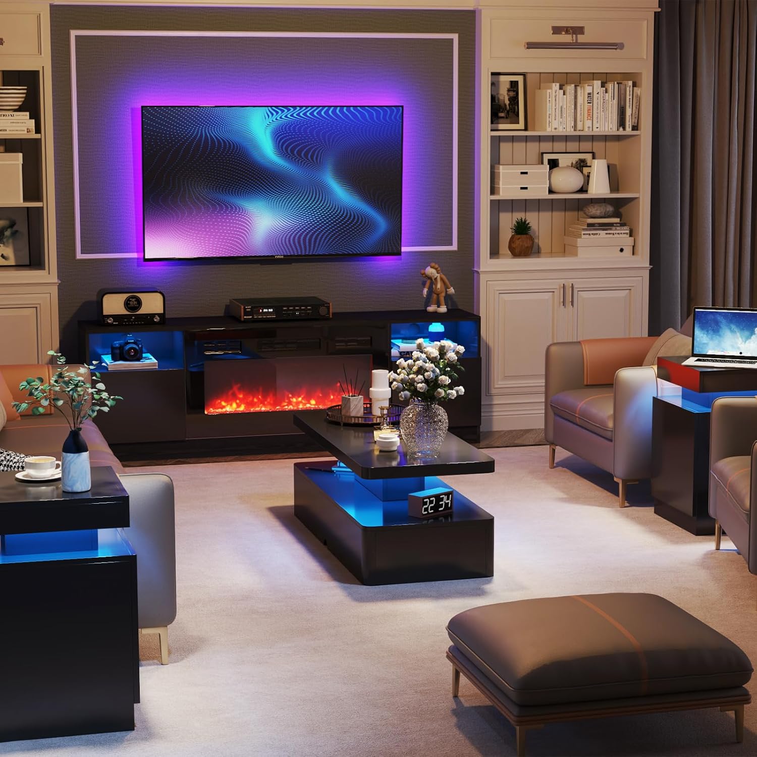 Modern Stylish Coffee Table with 16 Colors LED Lights, Double-Layer Design for Living Room - Image 3