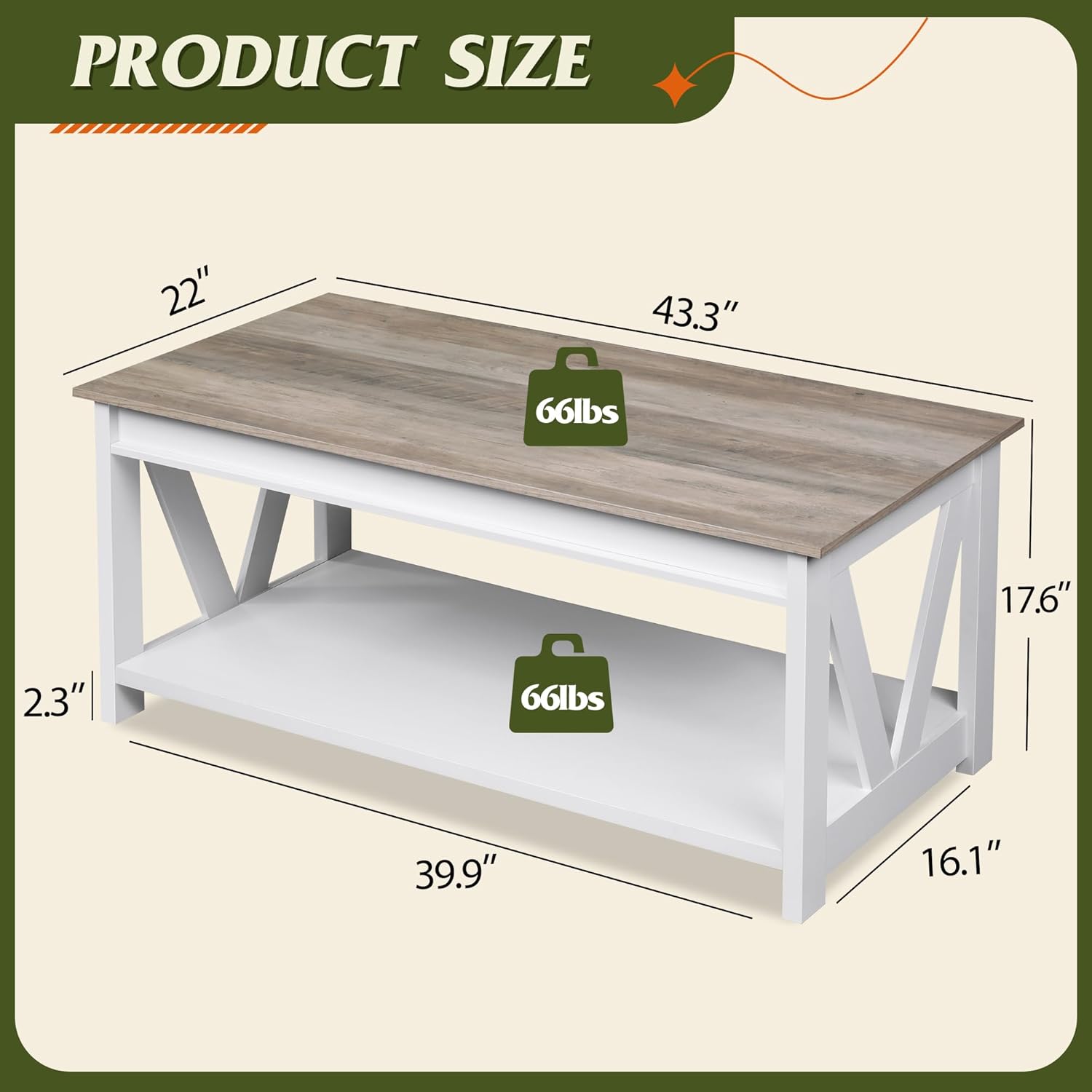 Coffee Table, 43" Farmhouse Coffee Table with Storage Shelf & Sturdy V-Shaped Support - Image 3