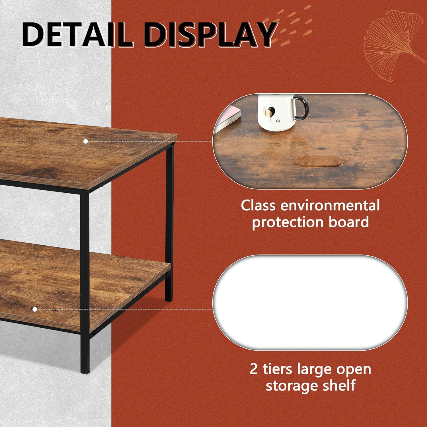 Small Brown Rectangle Wood and Metal Coffee Table with Storage Shelf - Image 2