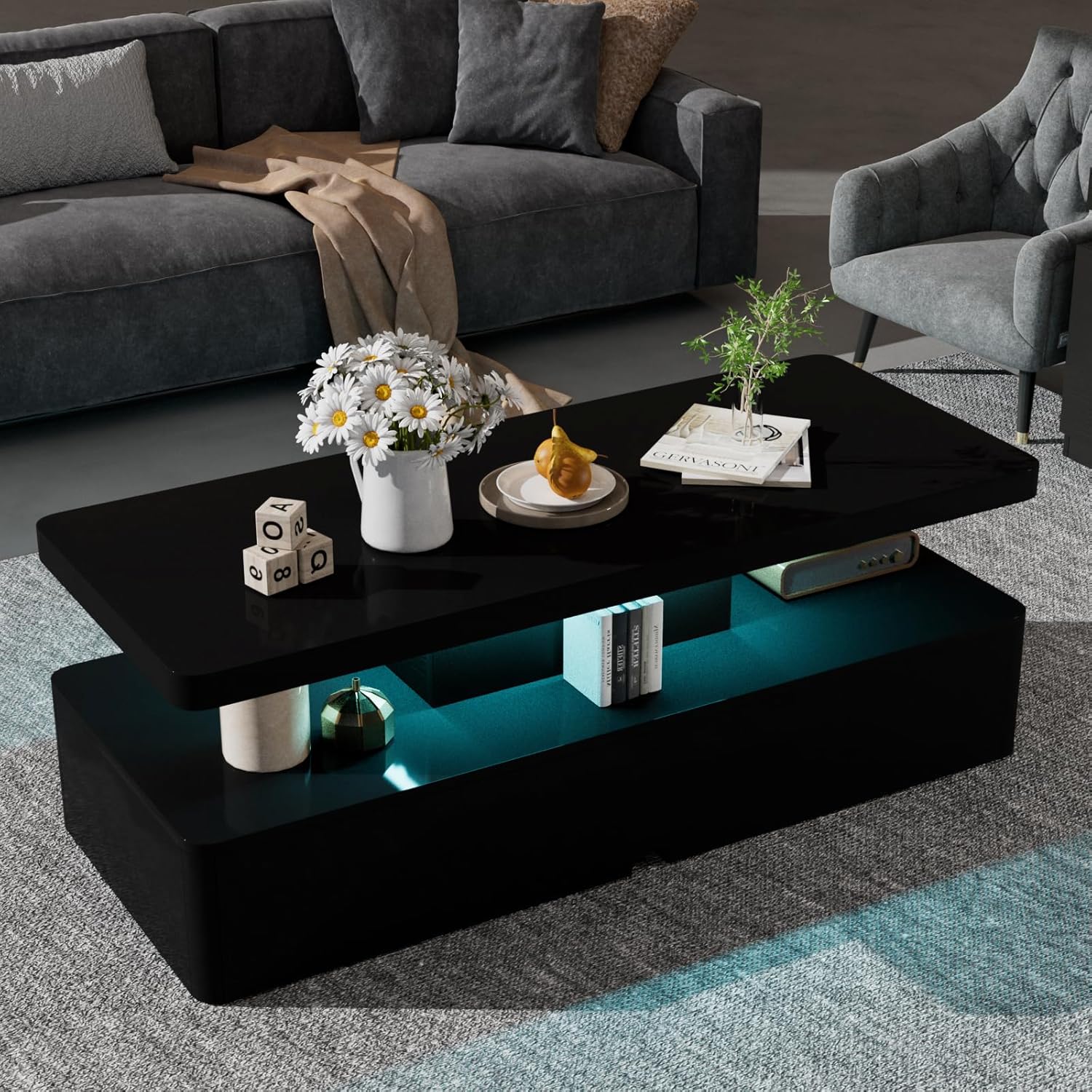 Modern Stylish Coffee Table with 16 Colors LED Lights, Double-Layer Design for Living Room - Image 2