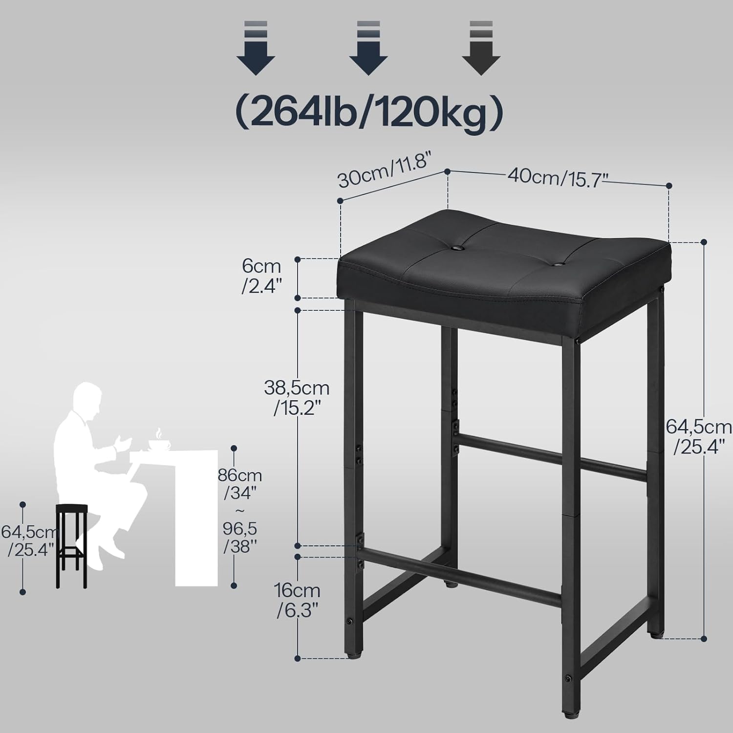 Bar Stools, Bar Stools Set of 2,Saddle Stools with PU Upholstery, Counter Height Stools with Footrest - Image 2