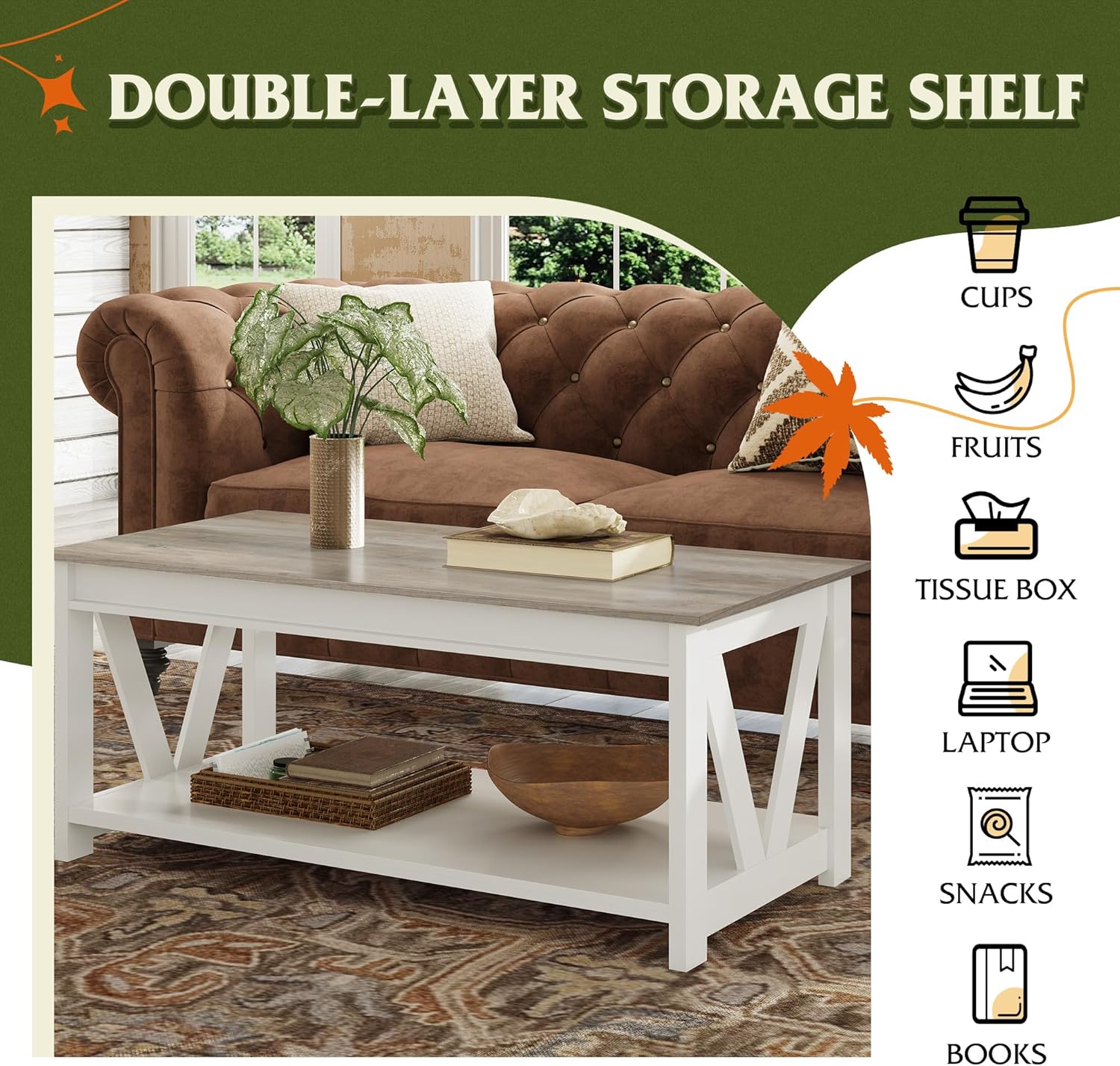 Coffee Table, 43" Farmhouse Coffee Table with Storage Shelf & Sturdy V-Shaped Support - Image 2