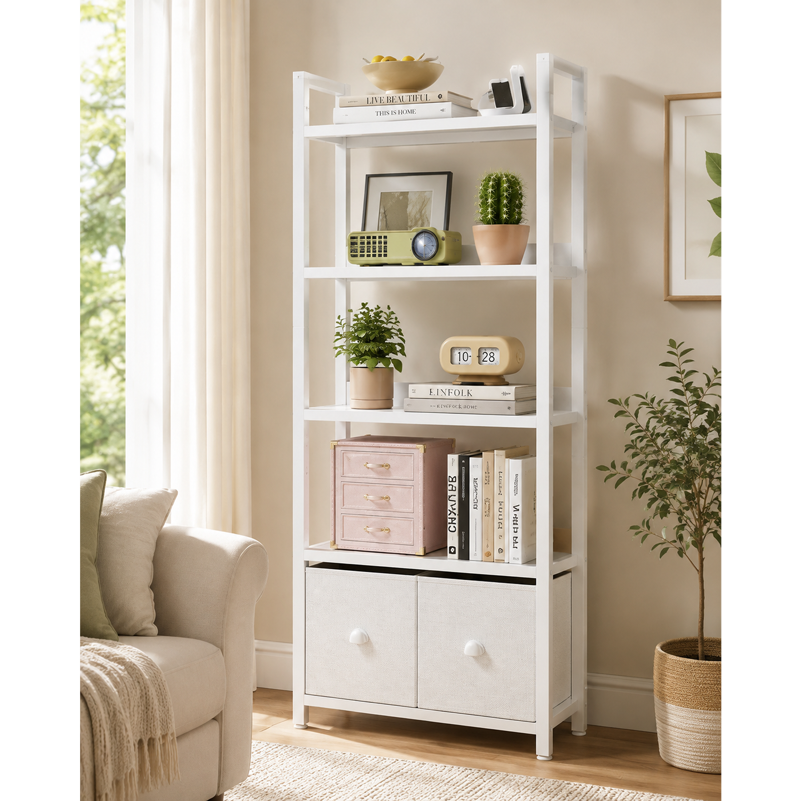 5-Tier White Bookshelf with Drawers Wood Metal Storage Display Organizer