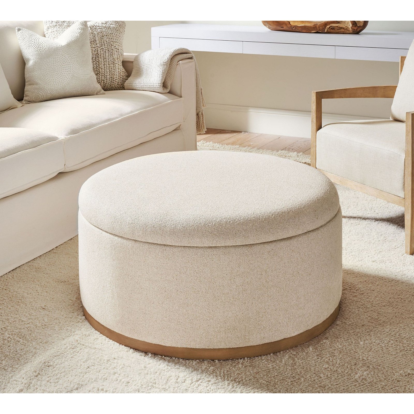 Round Upholstered Ottoman with Wood Base for Stylish Versatile Living Room