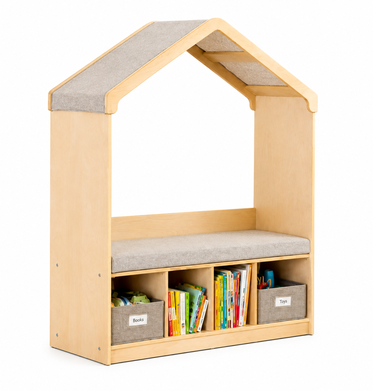 Kids Reading Nook with Cushioned Bench Seat, Cubbies, and Storage Bins