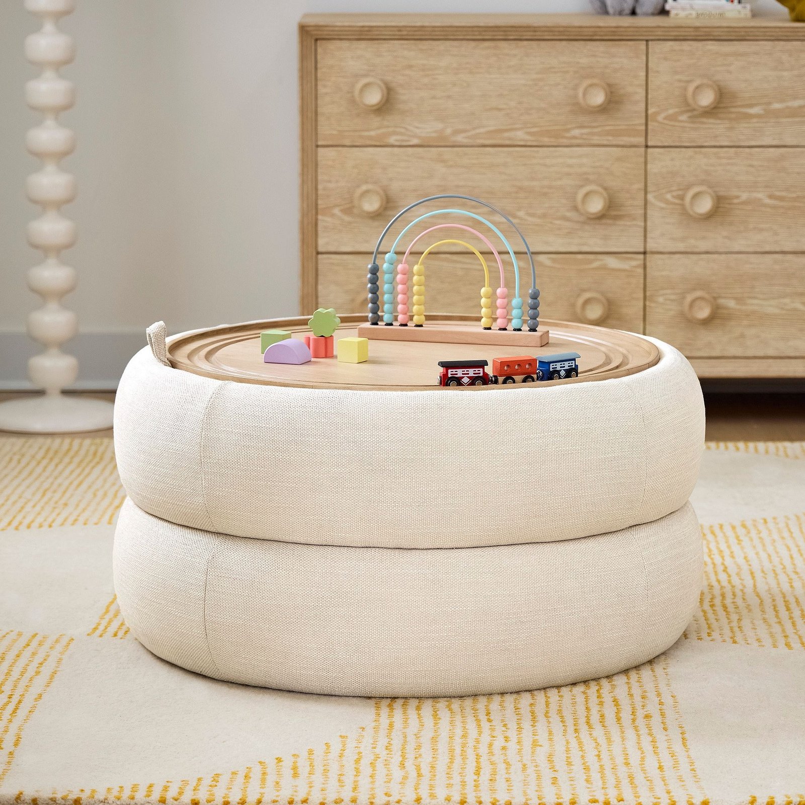 Round Upholstered Storage Ottoman with Removable Tray for Multifunctional Living Spaces