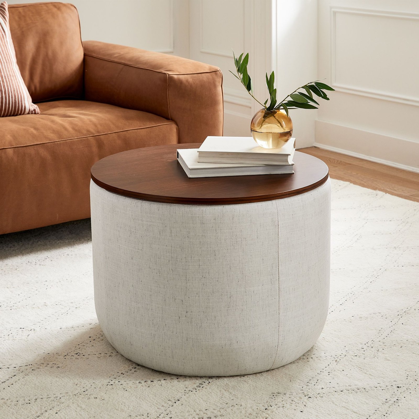 Round Storage Ottoman with Wood Tray Top for Versatile Living Room Use