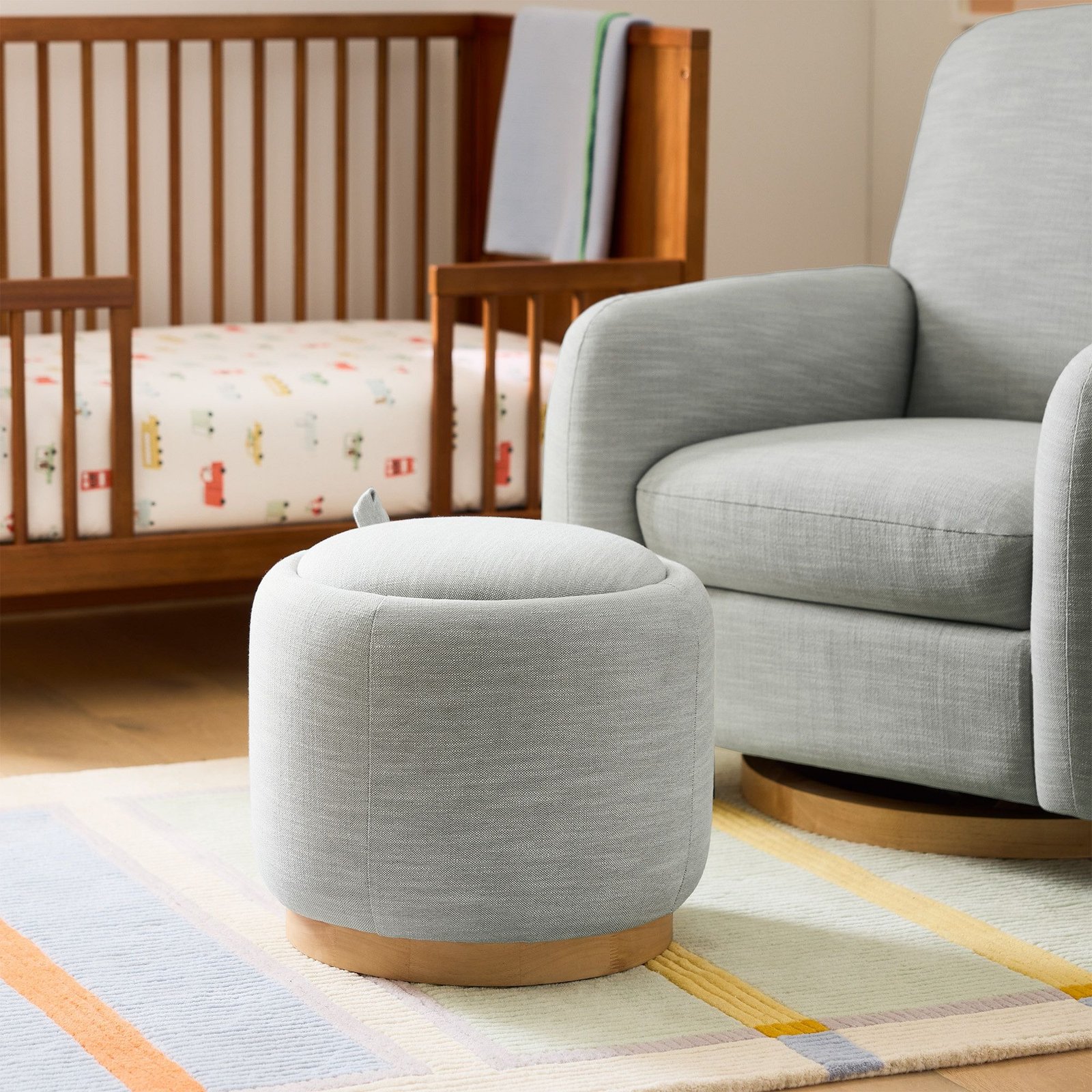 Round Upholstered Storage Ottoman with Wood Base for Modern Living Room Organization