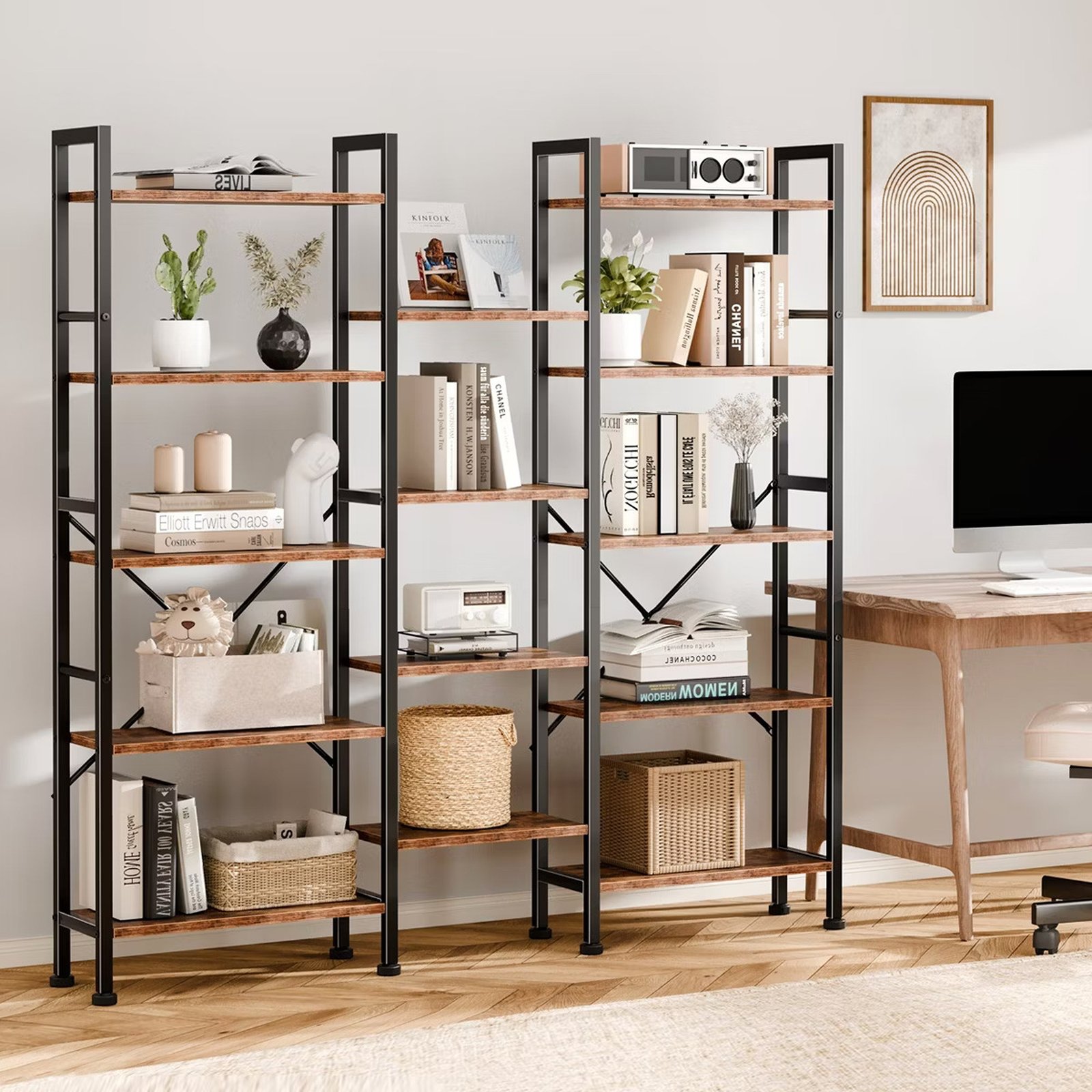 Brown 5-Tier Wide Bookshelf with 14 Open Shelves Metal Frame
